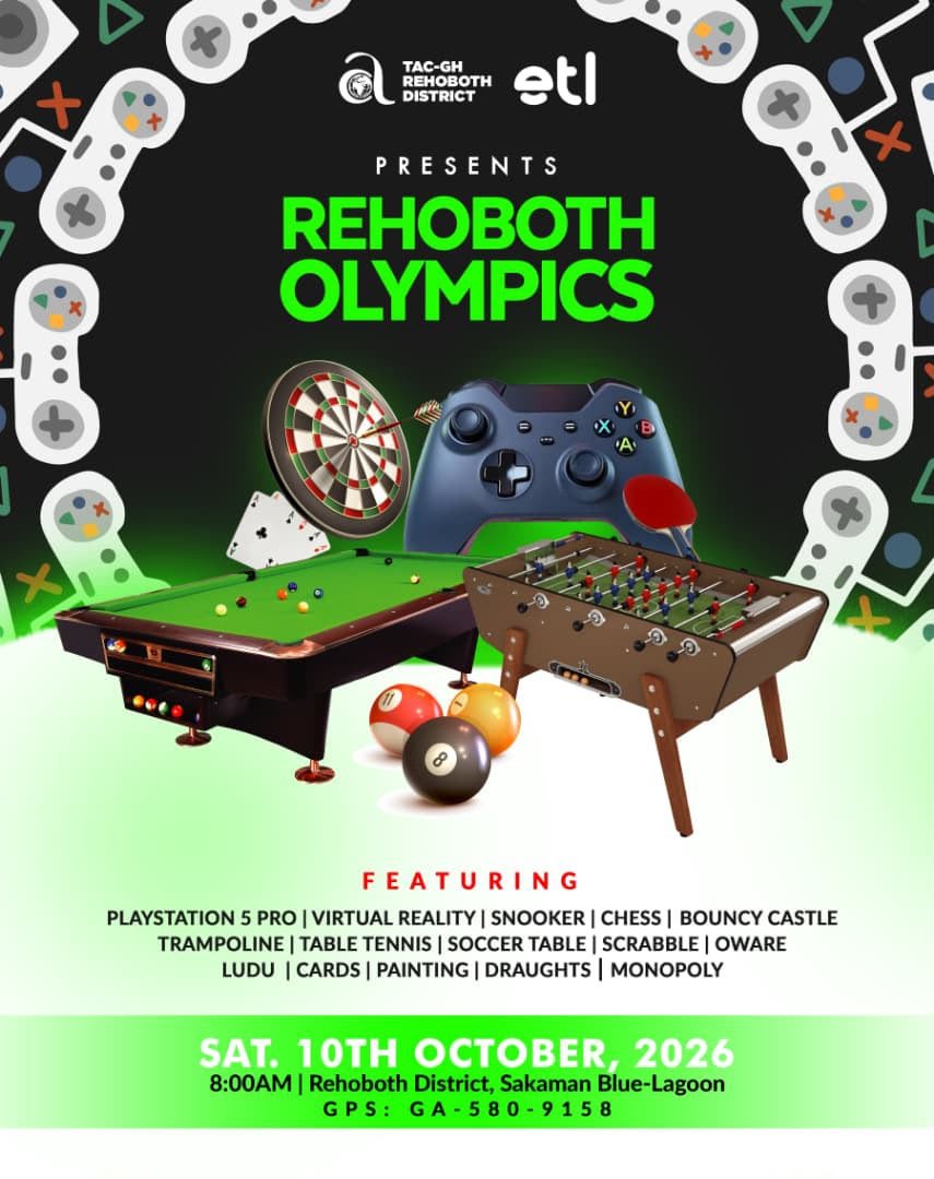 Rehoboth Olympics flyer: Saturday 10 October 2026, 8:00 am, Rehoboth District, Sakaman Blue Lagoon, GPS GA-580-9158. Featuring PlayStation 5 Pro, virtual reality, snooker, chess, bouncy castle, trampoline, table tennis, soccer table, scrabble, oware, ludo, cards, painting, draughts and monopoly.